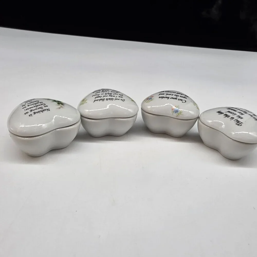 Heart-Shaped Porcelain Trinket Boxes With Inspirational Quotes & Floral Set 4